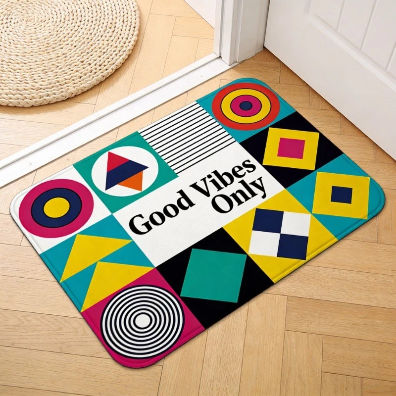 Tapete de Flanela Geométrico Estilo Memphis VIKAMA, Tapete Absorvente Good Vibes Only, Tapete Moderno de Boas-Vindas para Entrada de Casa e Banheiro