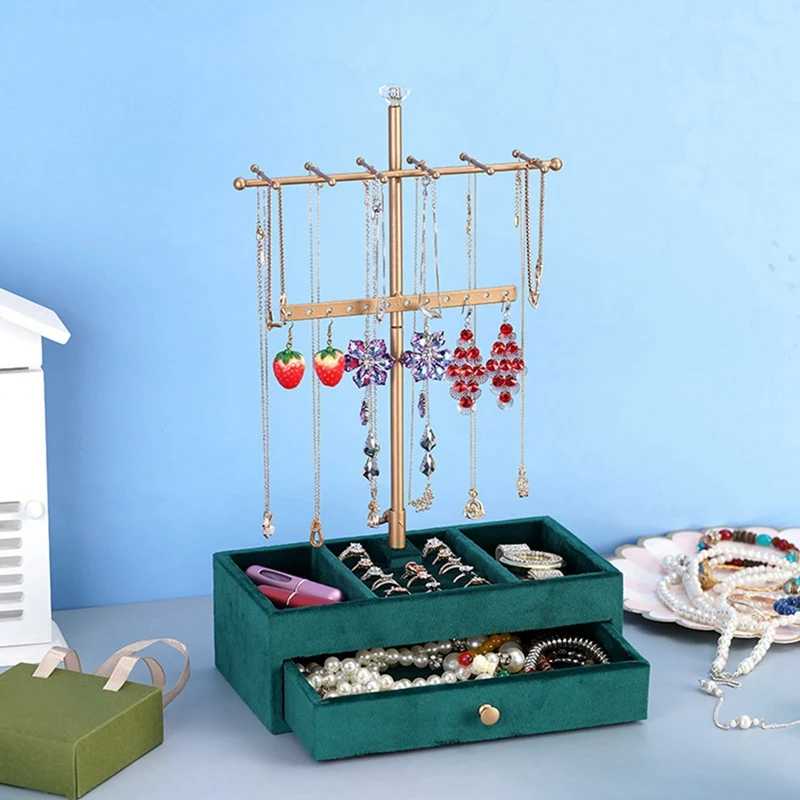 2 Tiers Jewelry Rack Wooden Emerald Base Ring Jewelry Storage Jewelry Display Rack With Drawer Bracelet Storage Box A 1 PCS