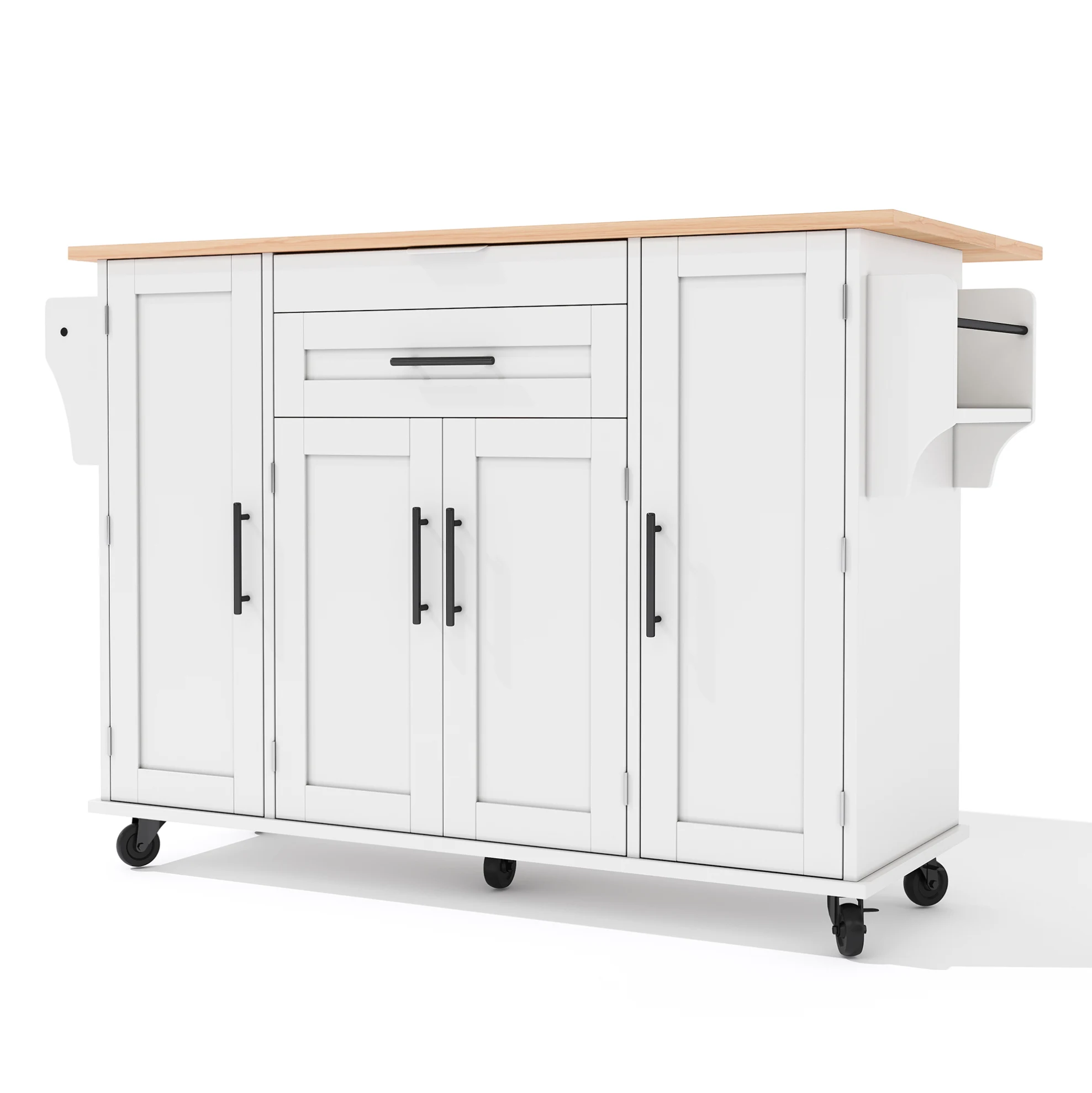 Mobiel keuken-eiland met uitschuifbaar werkblad, verborgen besteklade, verstelbare planken, kruidenrek en handdoekenhouder, 136x70x92cm