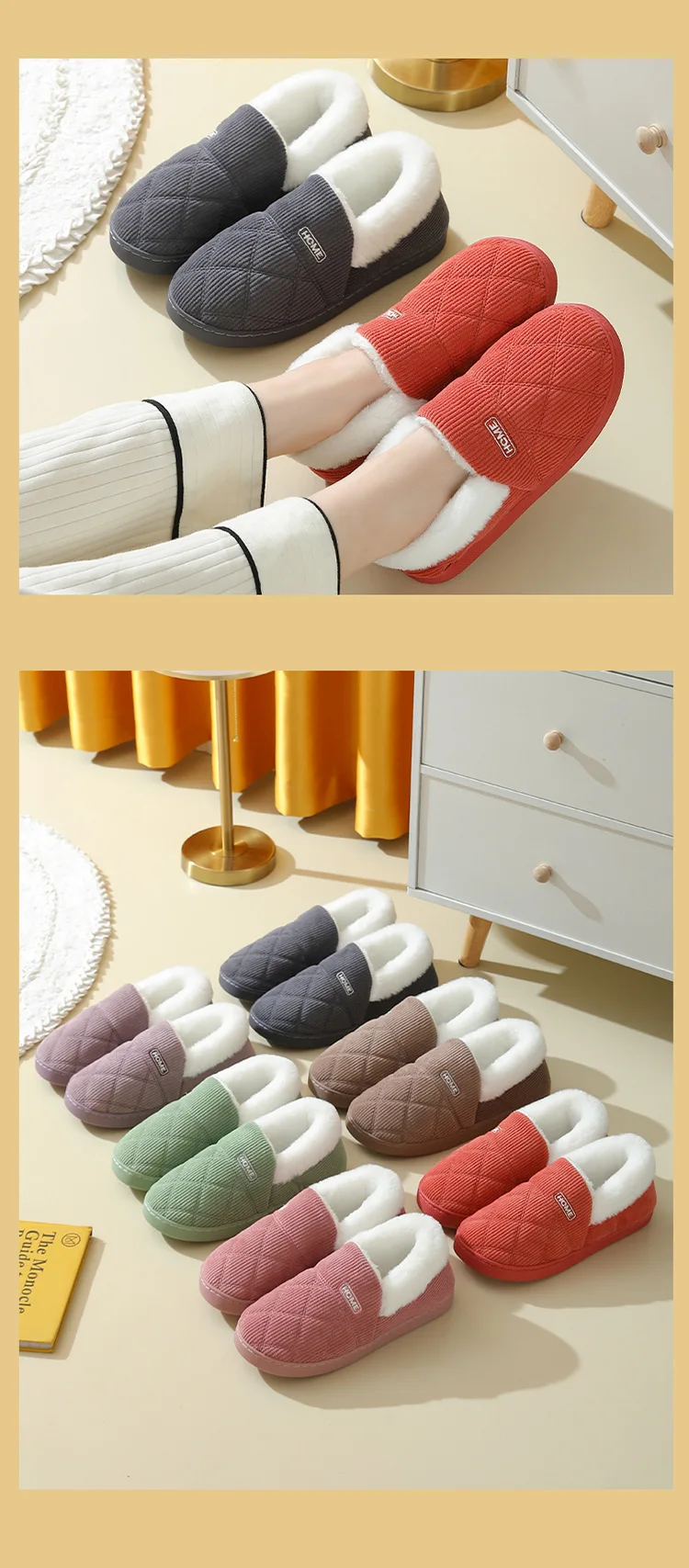 Shevalues Flauschige Baumwollschuhe für Damen, rutschfeste flache Hausschuhe, flauschige, gemütliche, warme Hausschuhe, Winter-Hausschuhe mit weicher Sohle – Detail 13