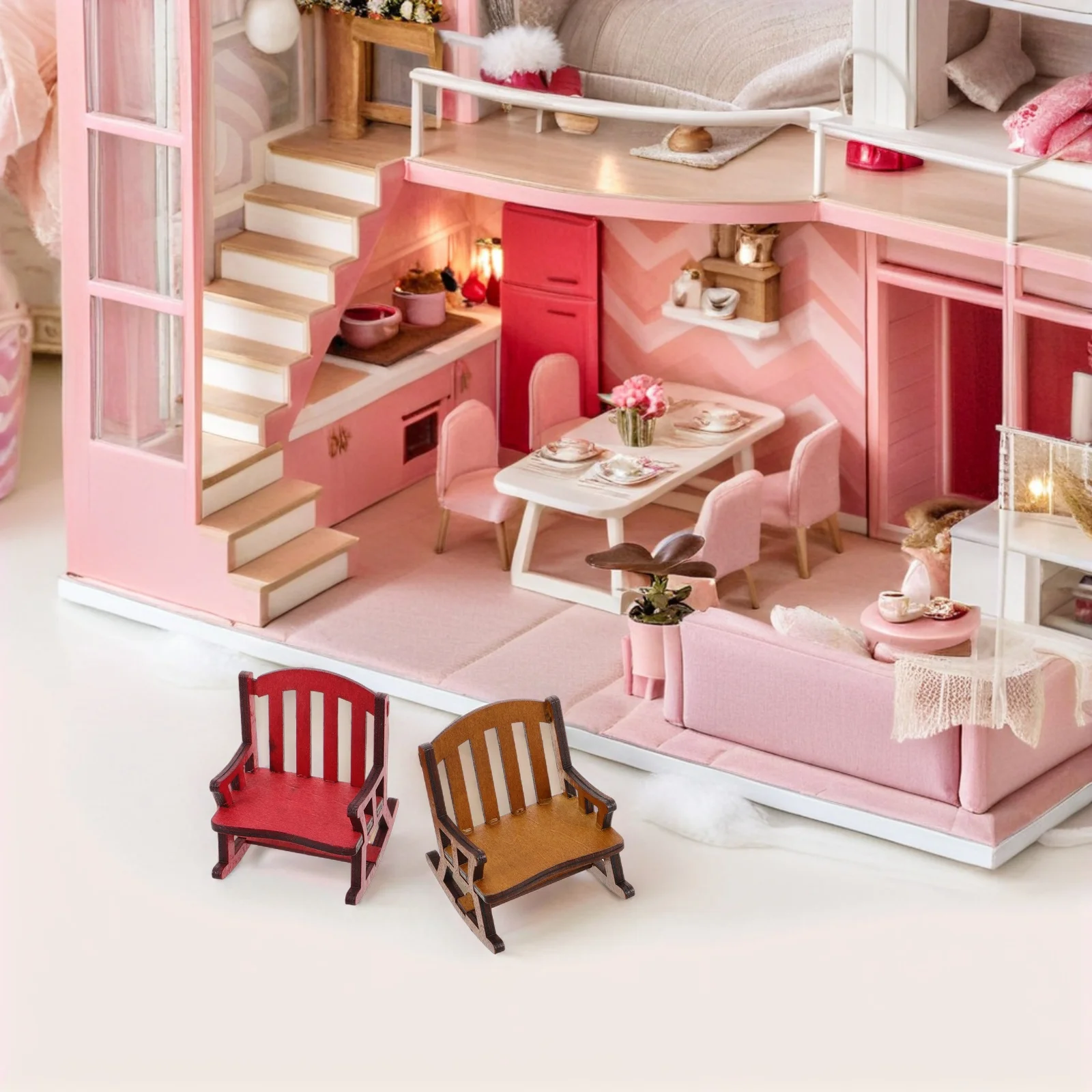 

2Pcs Miniature Rocking Chairs Wooden Mini Chair Decoration Home Living Room Dollhouse Accessories Christmas Tiny Furniture