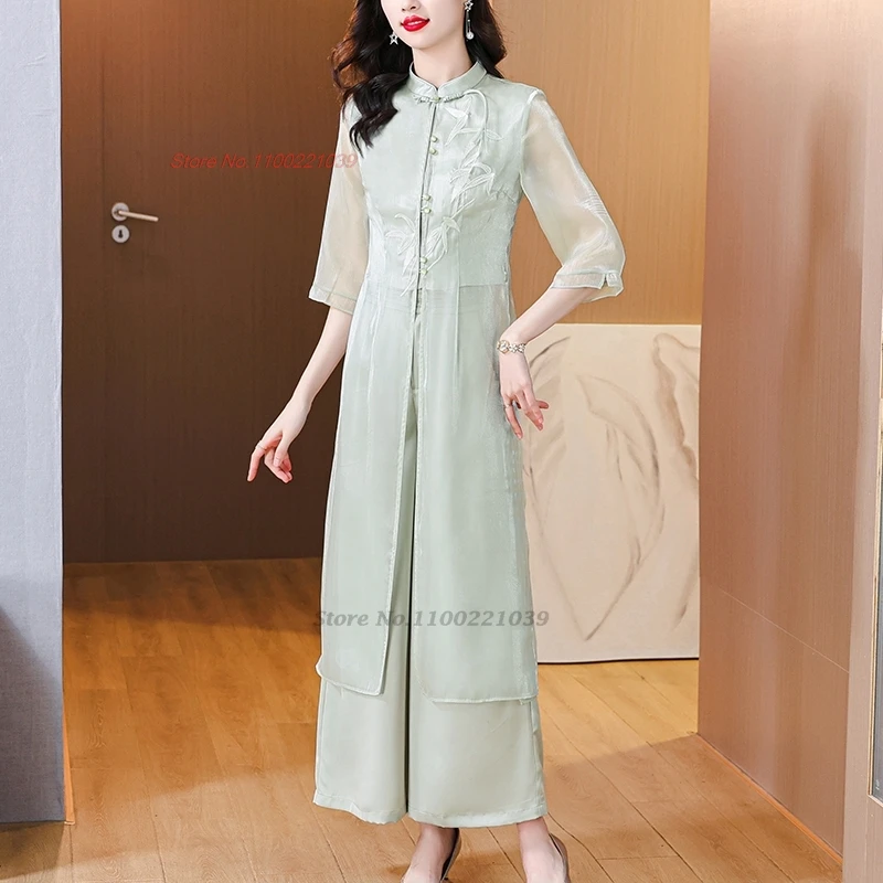 2024 traditional chinese vintage set meditation tea service hanfu suit national flower embroidery chiffon improved top+pants set