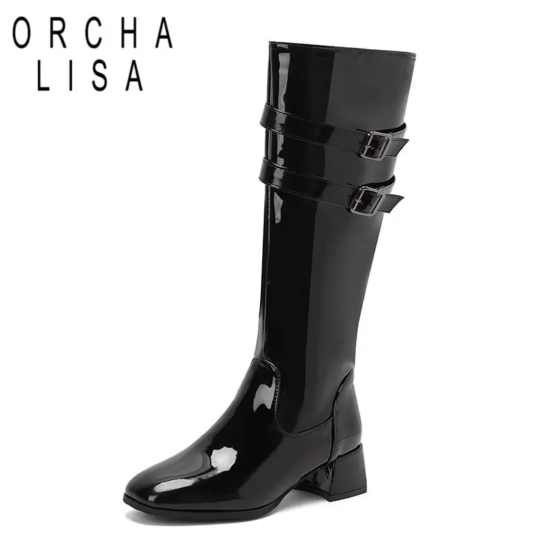 

ORCHA LISA Shiny Female Knee High Boots Square Toe Chunky Heels 4.5cm Zipper Belt Buckles Plus Size 44 45 46 Leisure Daily Bota