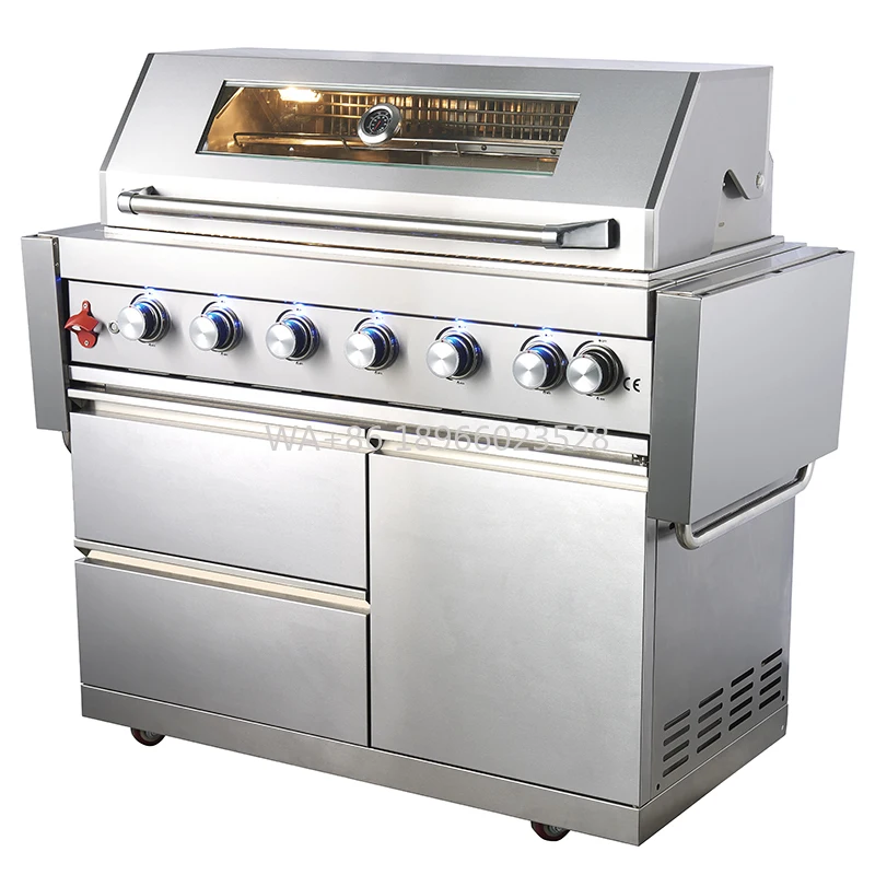 

Gas Barbecue Grill With Cabinet and Foldable Side Table New Model Silver 6 Burners Freestanding BBQ