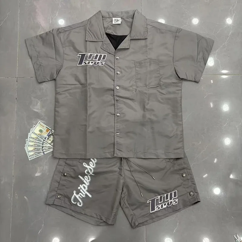 

TRIPLE SEVENS Set American Street Nylon Short Sleeve Shirt Men Loose Fit Trendy Summer Set