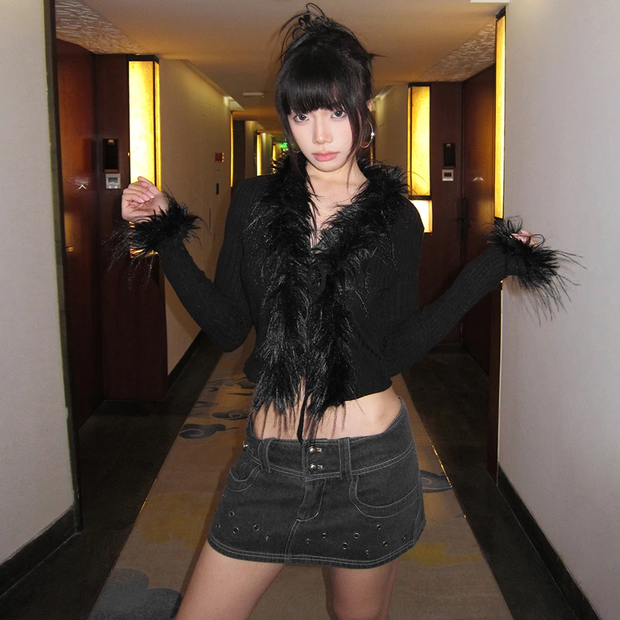 SylCue Peludo Patchwork Tops Mulher Outono Inverno Novo Estilo Com Decote Em V Manga Completa Umbigo Exposto Hot Girls Roupas de Moda de Rua