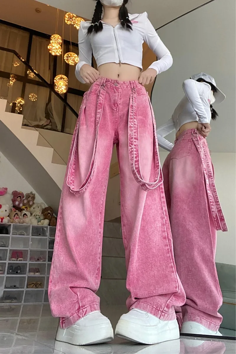 Streetwear Cut Out Denim Trousers Women Jeans High Waist Dopamine Pink Y2K Patchwork Belt Casual Loose Straight Cargo Pants