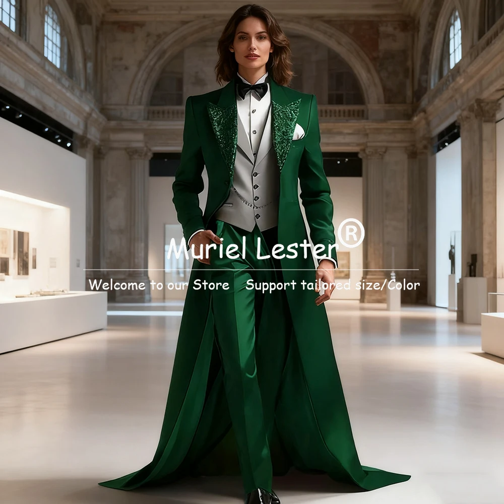 Exclusive Design Women Suits For Wedding Guest Sparkling Sequined Lapel Prom Blazer Long Customized Lady Business Tuxedos 3 Pcs