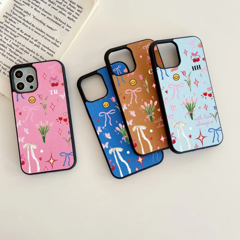 Custom Name Initials Blossom Flowers Leather PU Case for iPhone 15 14 13 11 12 16 17 Pro Max 14 15 16 Plus Air Case Luxury Cover