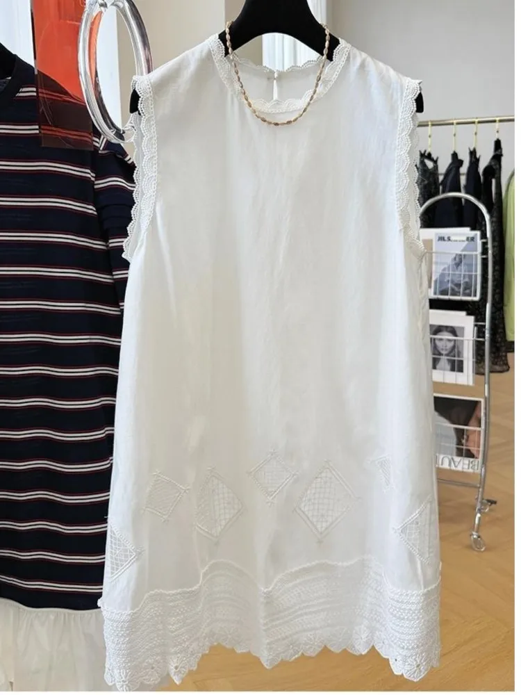 Vestido camisero de encaje de verano de gran tamaño para mujer, vestido sin mangas a la moda para mujer, Vestidos holgados Retro de Color contrastante para mujer
