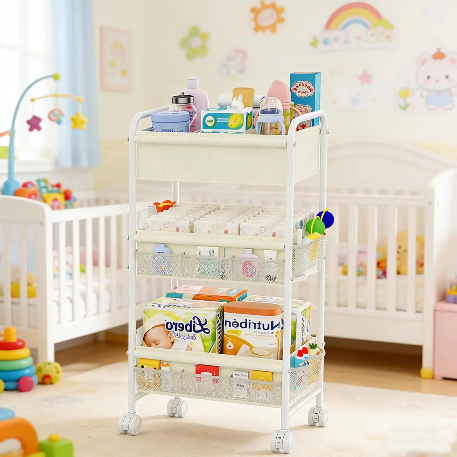Three-layer baby diaper storage cart, diaper cart with wheels, mobile parenting storage cart, storage rack, multi-function