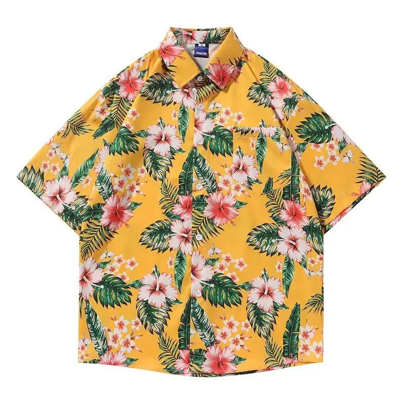 Summer Men's Hawaiian Short Sleeve Flower Shirt Loose Handsome Beach Seaside Vacation Casual Half Sleeve Floral Shirt Coat