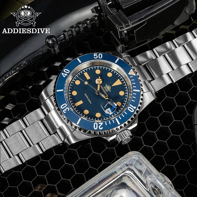 Reloj ADDIESDIVE de acero inoxidable para hombre, bisel de cerámica, cristal Mineral, luminoso, resistente al agua, relojes de cuarzo a la moda para hombre