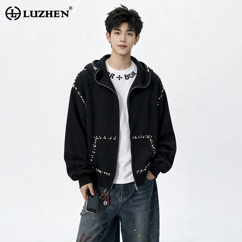 LUZHEN 2026 New Pearl Patchwork Decorate Loose Hoodies Coat Men's Fashion High Quality Handsome Casual Male Sweatshirt JY9105