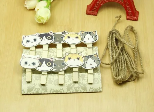 

10pcs/pack Lovely Cat head Wooden Clip Photo paper Clothespin Clips with Hemp Rope school office supply