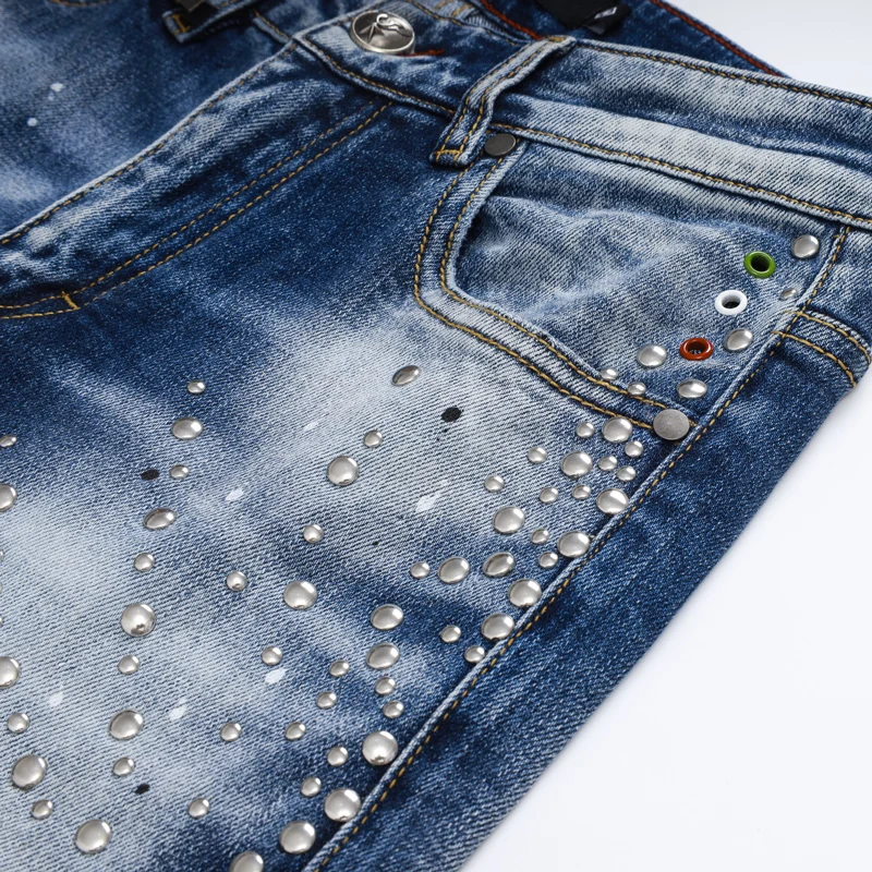 Fashion New Men'sY2K Retro Blue Cowboy Beaded Washed Water Nostalgic Perforated Patch Elastic Slimming Jeans Hip Hop Brand High