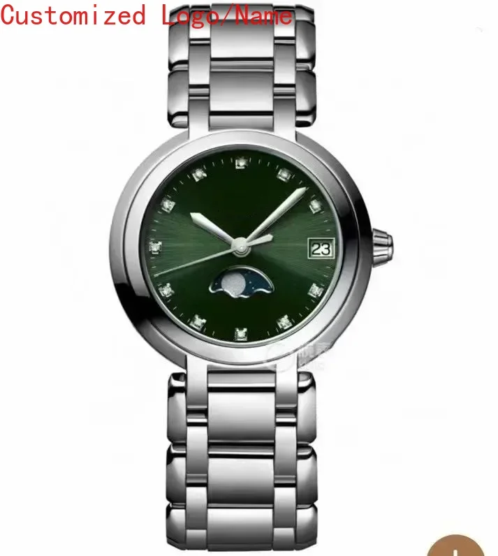 Роскошные новые кварцевые женские часы с сердцем и луной, женские модные наручные часы с фазой Луны, нержавеющая сталь, 30 мм, сапфировое стекло по индивидуальному заказу