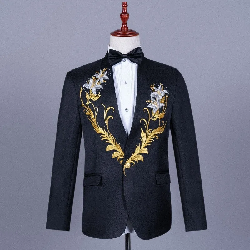 Terno masculino colarinho bordado brocas quentes vestido grande coro trajes cantor compere comando uniformes terno traje para o show