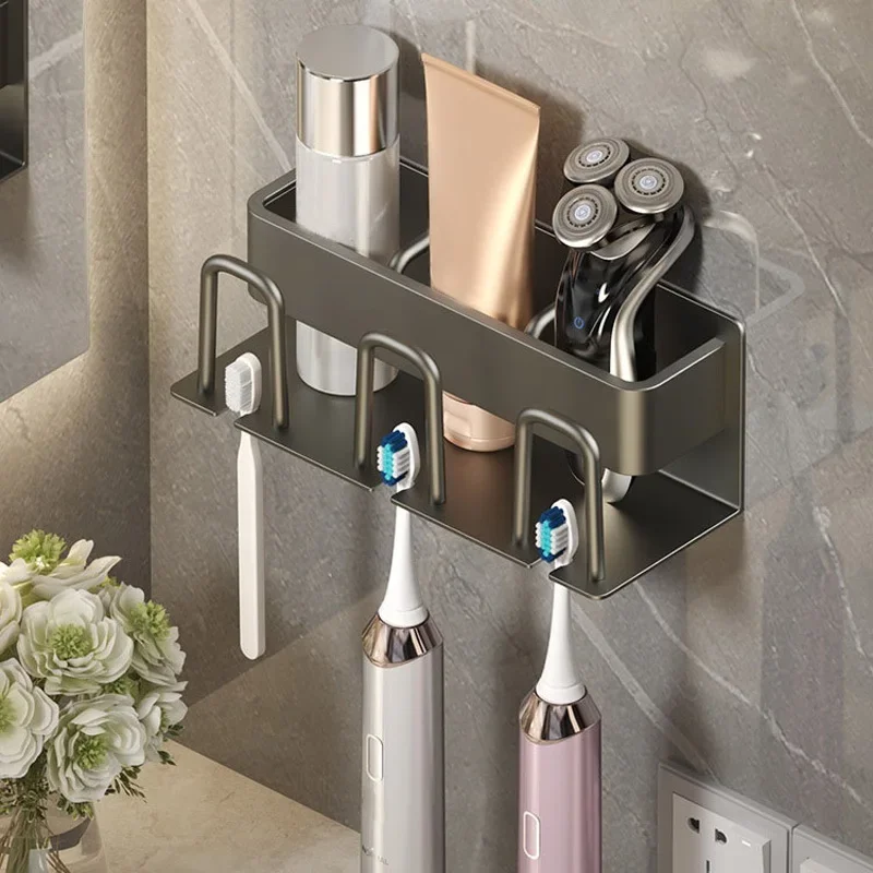 Wall Mounted Toothbrush Storage Rack Non Perforated Bathroom Storage Aluminum Alloy Gun Gray 2/3/4 Grid Storage Rack