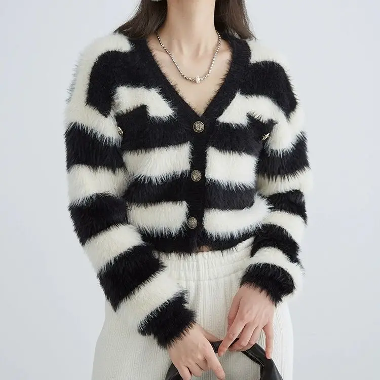 Classic Striped Faux Mink Fur Knitted Cardigan Women's Short Style Spring And Autumn New V-Neck Sweater Jacket