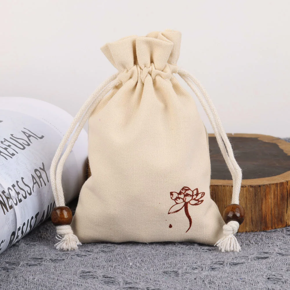 5pcs/Lot 10x14cm Lotus Flower Drawstring Tied Mouth Blank Storage Cotton Bag