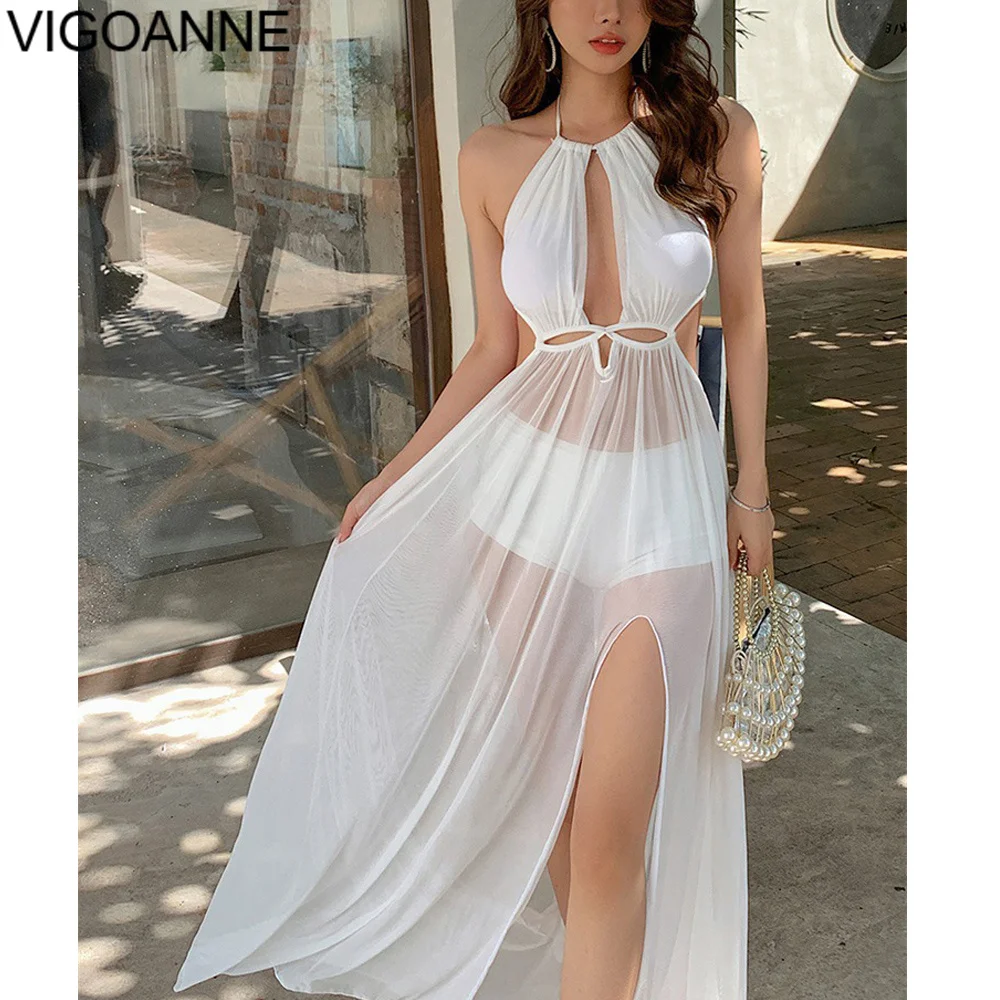 VigoAnne Sexy White Halter Swimwear Women 2025 Mesh Hollow Push Up One Piece Swimsuit Korean Slimfit Monokini Beach Bathing Suit