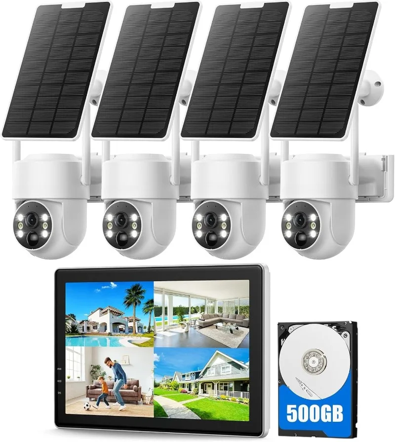 

Solar Security Cameras Wireless Outdoor with 10" Monitor, 10CH NVR 2K Solar Home Security Camera System with 360° Color