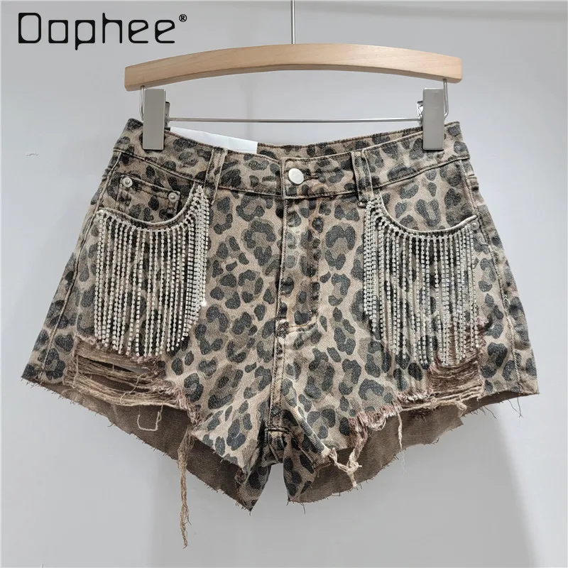 Diamond Fringed Denim Shorts Women 2025 Summer New Retro Leopard Print High Waist Ripped Rough Edge Wide Leg Pants Sexy Shorts