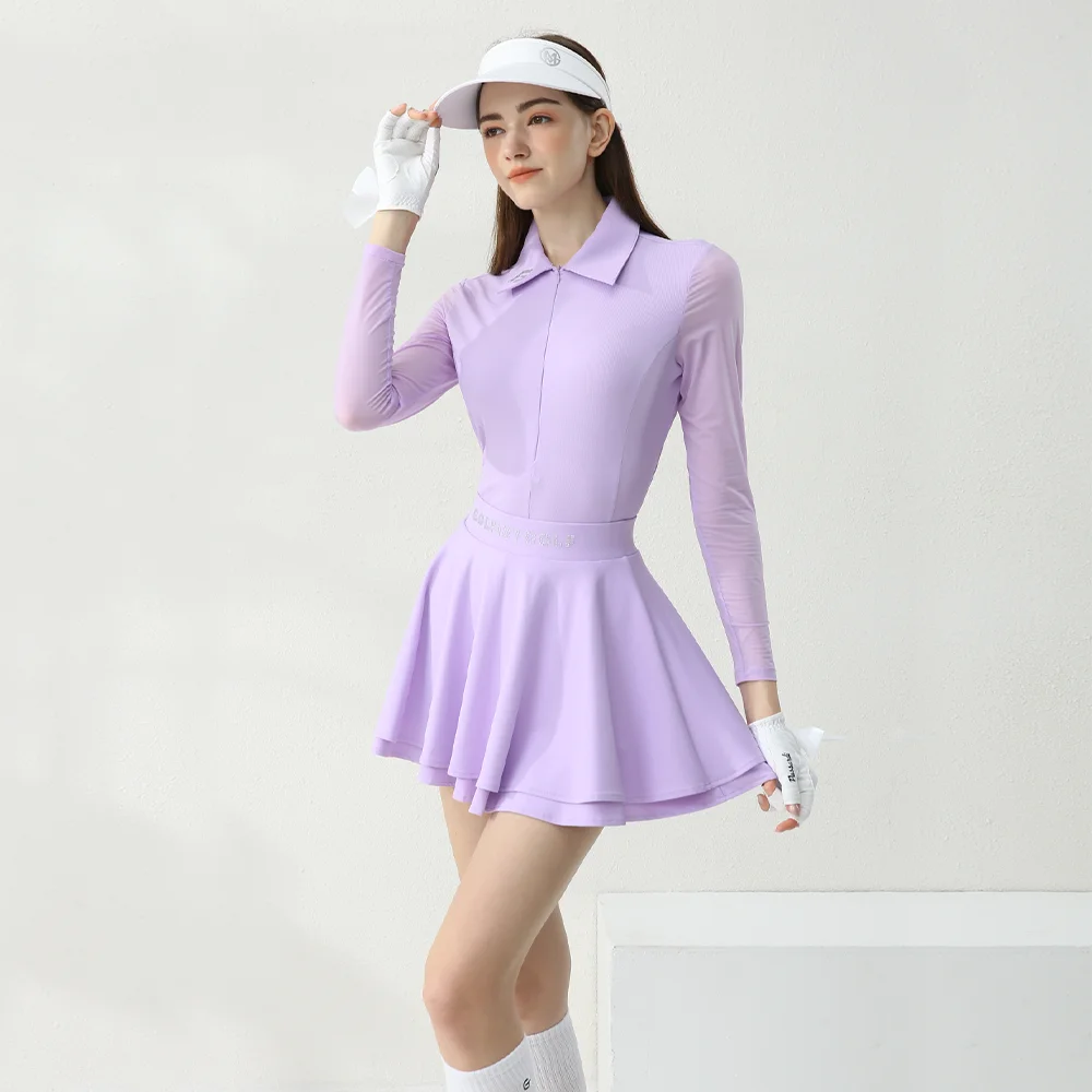 Summer Golf Women's Long Sleeve Tennis Skirt Set Women's Ice Silk Top Golf Clothing Women's Breathable pleated Skirt