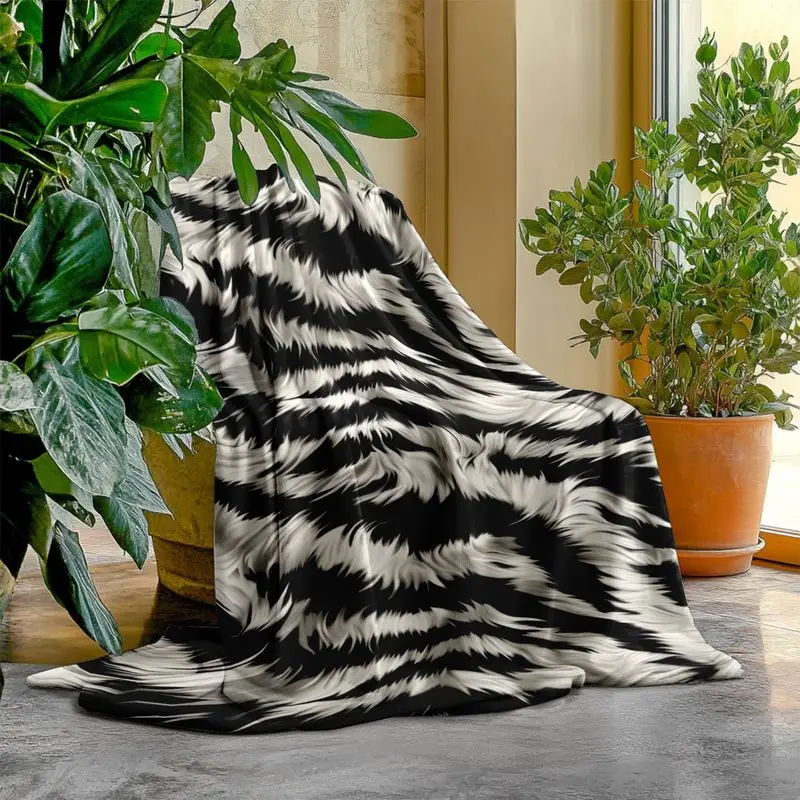 VIKAMA Faux Zebra Skin Flannel Blanket Black White Striped Fur Texture Throw Blanket Bohemian Sofa Bedroom Cover