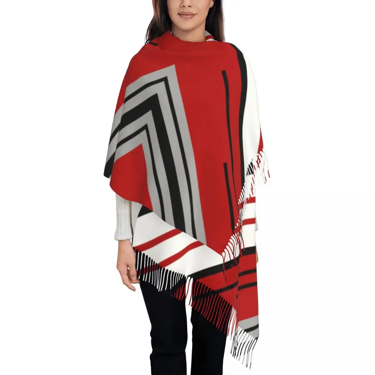 Diagonal Stripes Design Tassel Scarf Women Soft Elegant Abstract Geometric Pattern Shawls Wraps Lady Winter Scarves