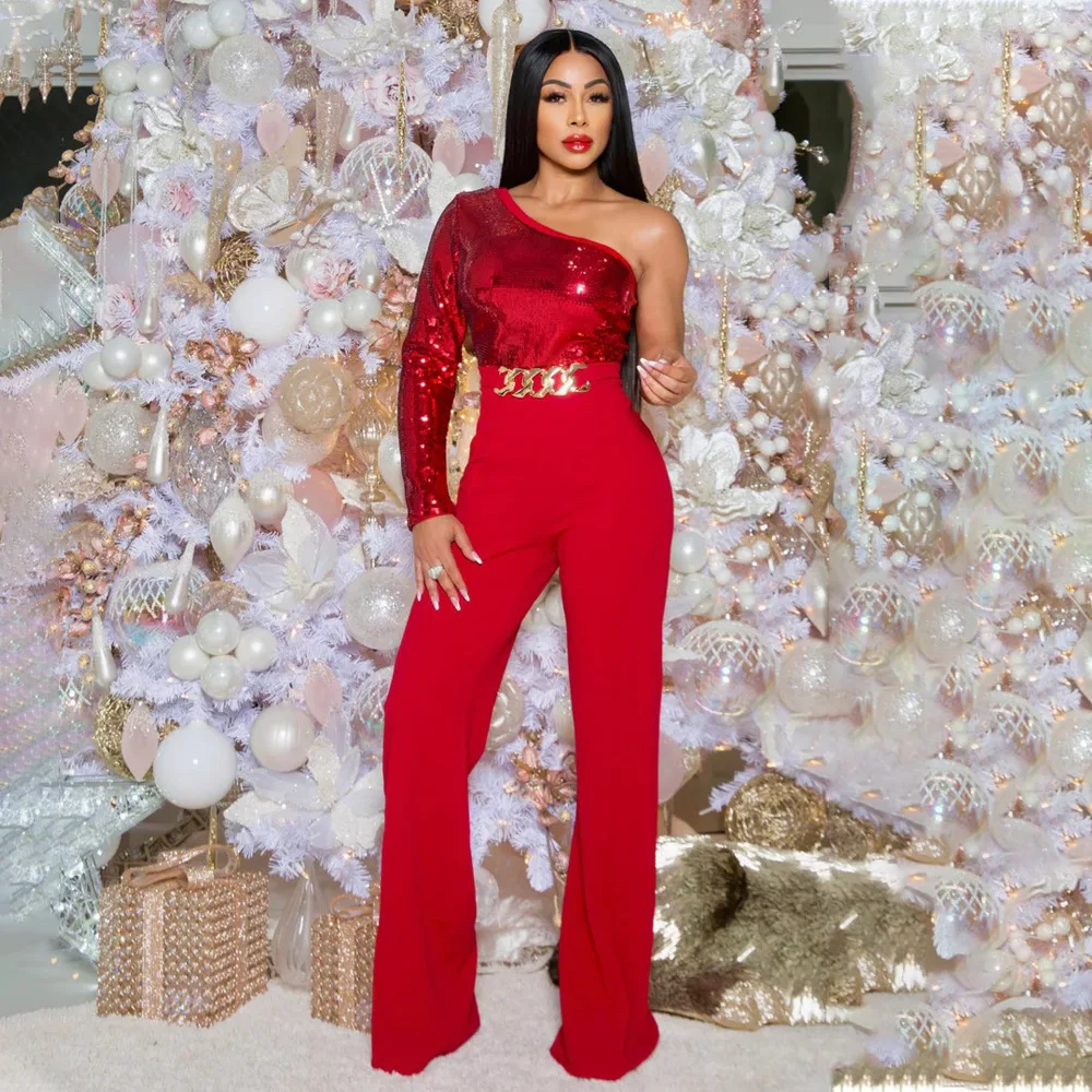 

Новый стильный модный лоскутный комбинезон с рукавами на одно плечо и блестками, облегающий фигуру