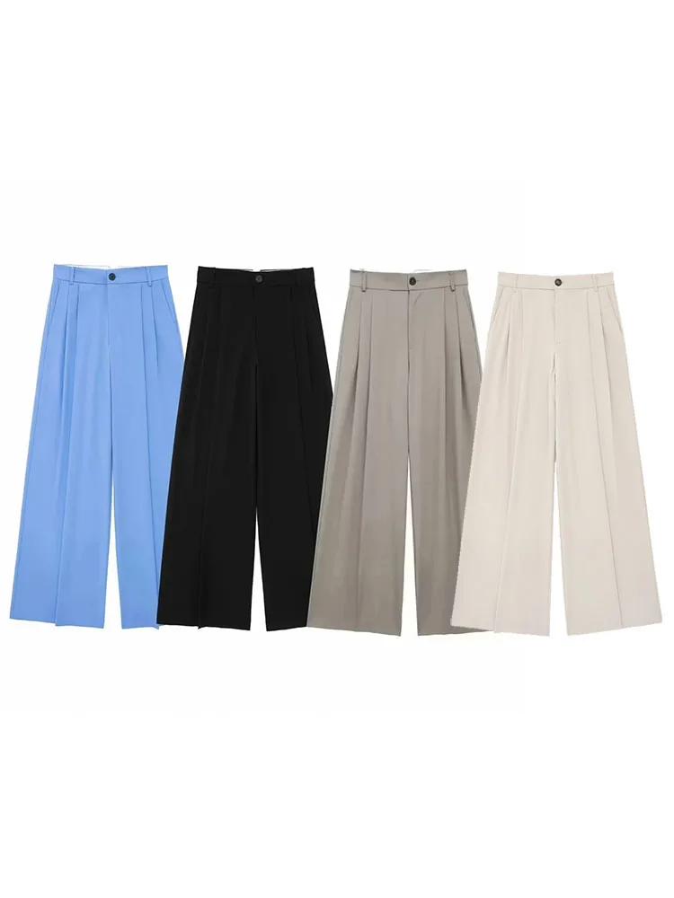 กางเกงทำงานผู้หญิงทรงเรโทรเอวสูงแบบมีซิป แต่งกระเป๋าจีบ ขากว้าง เหมาะสำหรับใส่ทำงานหรือใส่เที่ยวช่วงฤดูร้อน