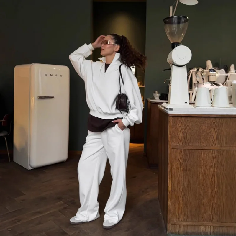 

Модный полуоткрытый воротник, толстовка с длинными рукавами и брюки, повседневный комплект, пуловер большого размера, спортивные штаны с завязками, комплект из двух предметов, хлопок