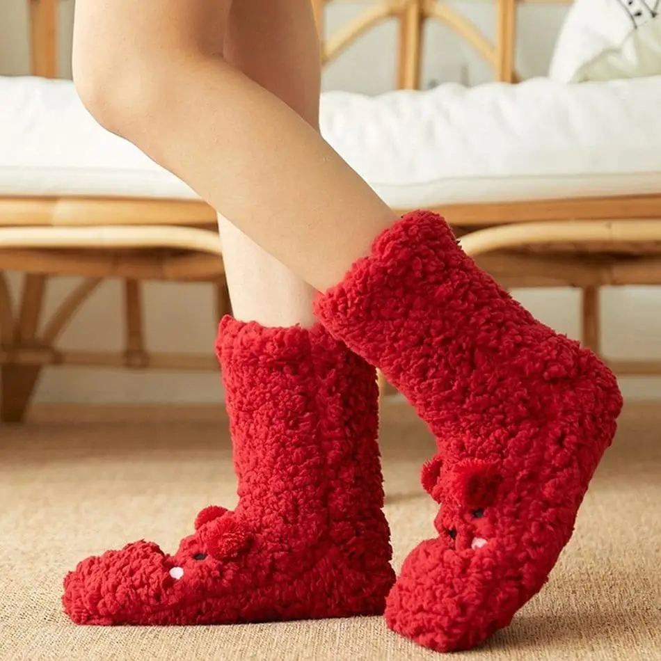 Floor Socks Women Autumn and Winter Velvet Coral Fleece Socks Sleep Home Slippers Snow Socks Confinement Bear Carpet Socks