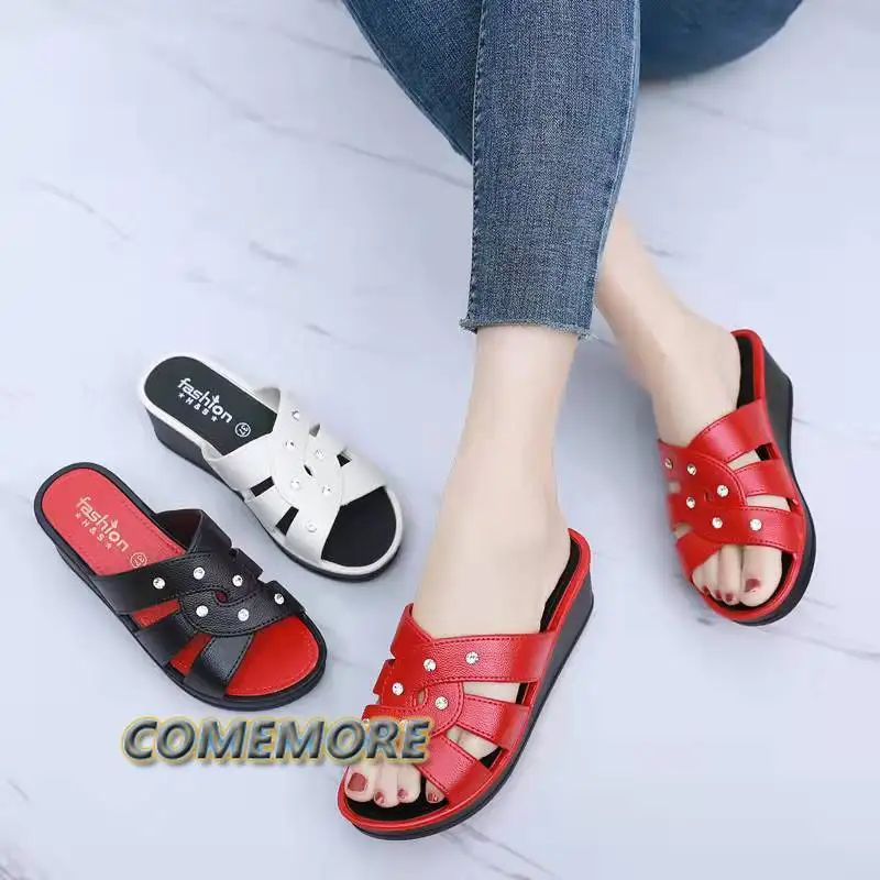 Slippers Platform Wedges Women Sandals Summer Female Mules Beach Casual Shoes Breathable Thick Bottom Non-Slip Solid Outside PU