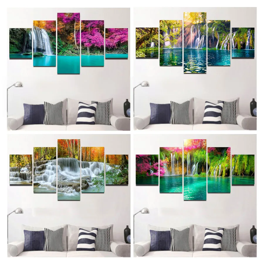 

FULLCANG 5 Piece Set Diamond Painting Forest Natural Scenic Lake Diy Full Mosaic Embroidery Waterfall Scenery Home Decor FG2002