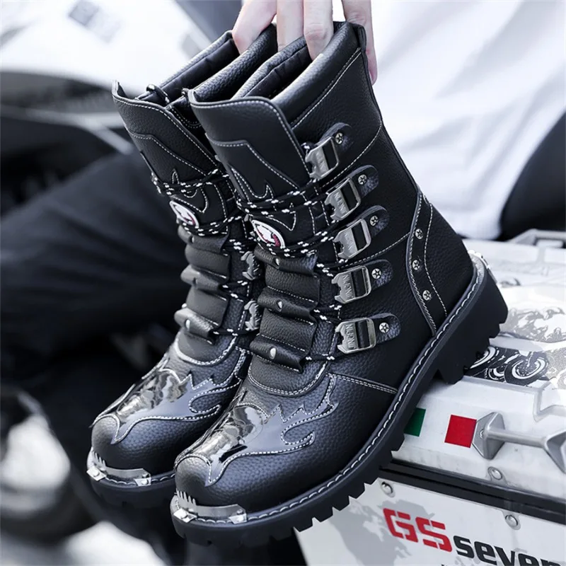 

High Quality Men's Boots Fashion Punk Rock Style Motorcycle Boots Luxury Mid-Calf Leather Boot Mens Knight Boots Botas Masculino