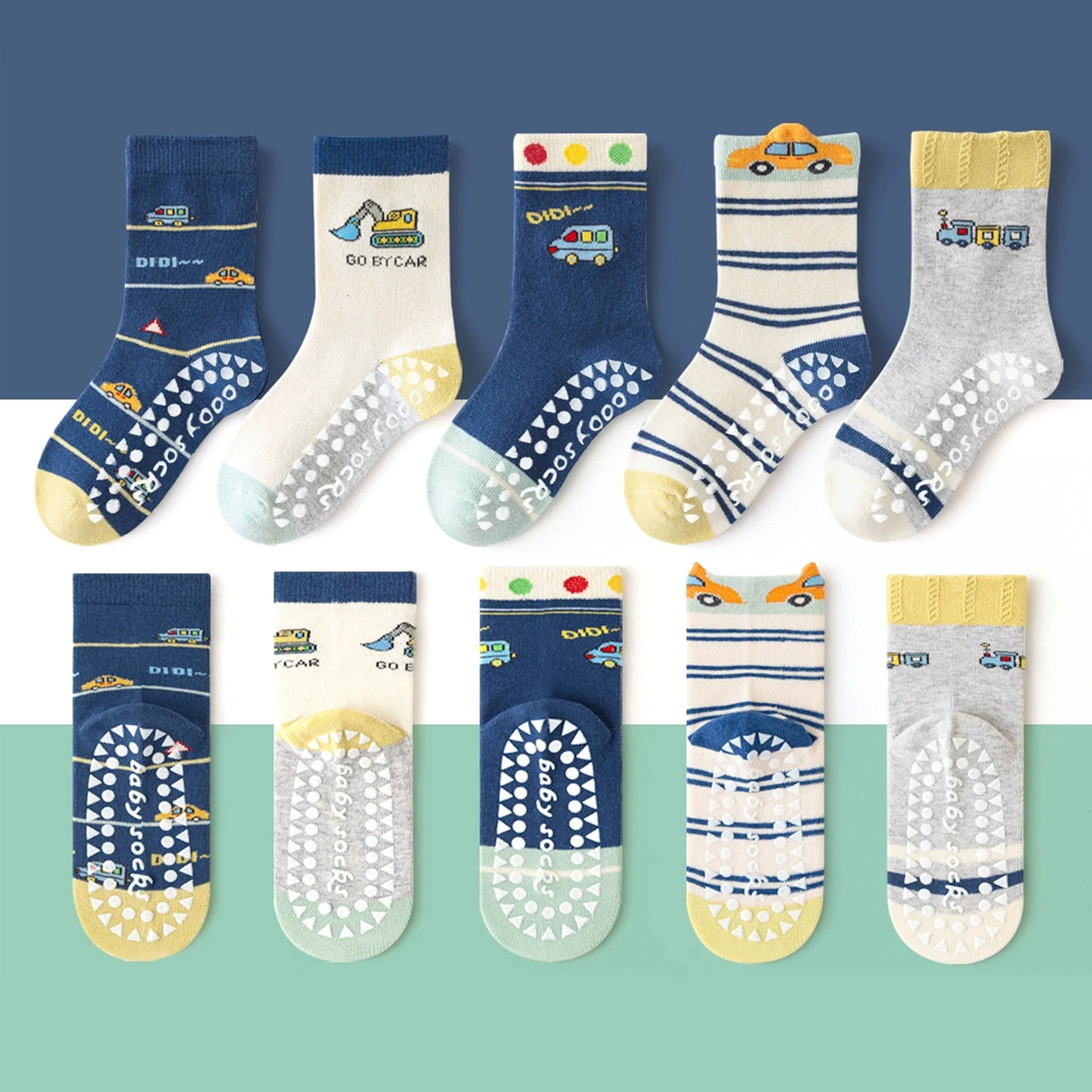 5 Pairs of Children's Floor Socks with Cartoon Letters and Car Patterns, Non-Slip Soft-Soled Indoor Socks for Boys and Girls, Baby Toddler Socks
