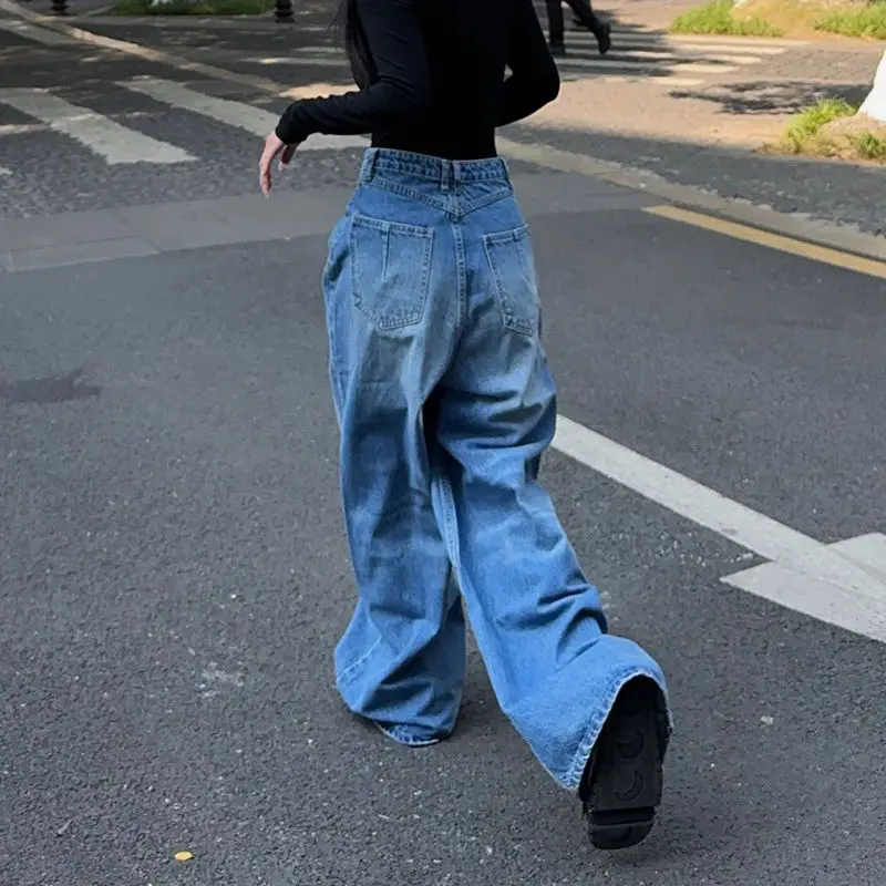 HOUZHOU Vintage Baggy Jeans for Women Y2K Streetwear Washed High Waist Loose Pocket Wide Leg Jeans Casual Korean Denim Trousers