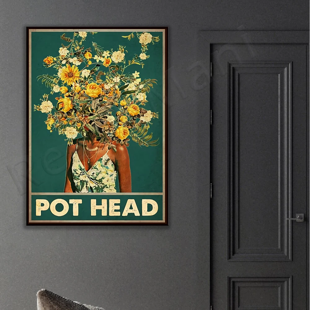 Pothead Flower Girl plakat, plakat w stylu Vintage Wall Art pionowy, plakat Wildflower, miłośnik kwiatów, miesiąc urodzenia, Home Decor