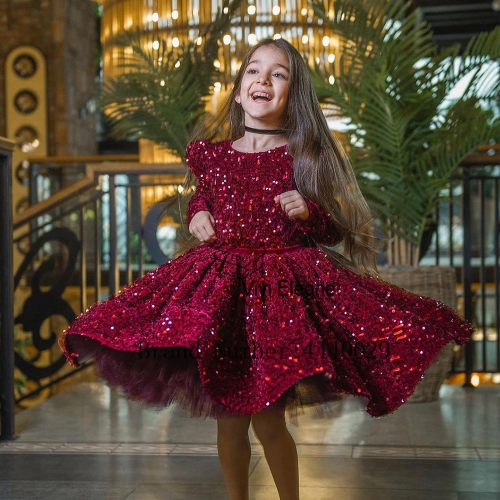 Scoop Burgundy Flower Girls Dresses for Kids Knee Length Full Sleeve Christmas Gowns with Sequind 2024 Velvet فلور فتاة اللباس