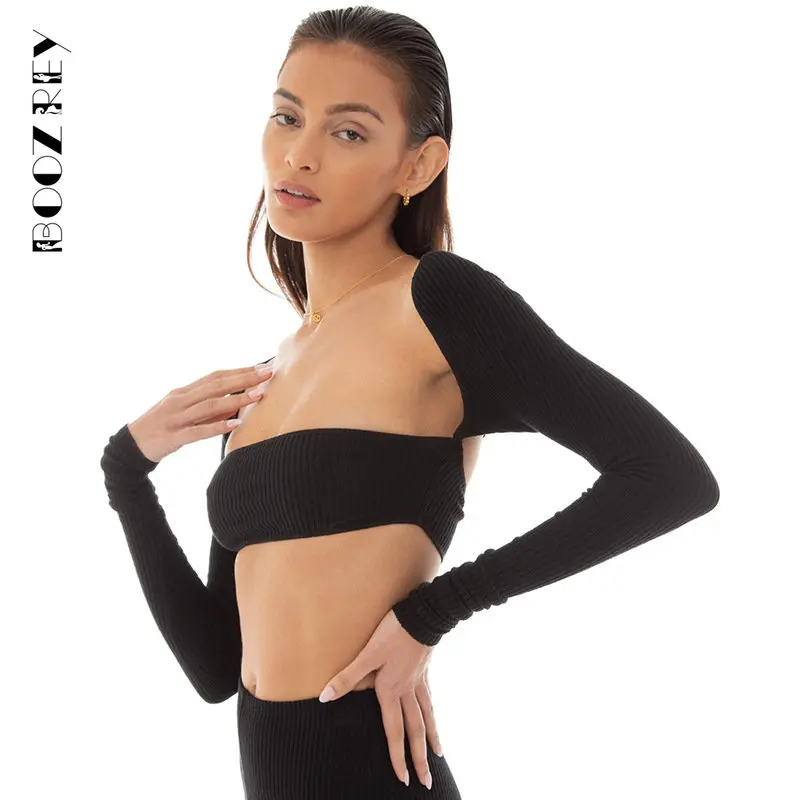 BoozRey Chest Wrap Back Cutout Solid T-Shirt Women Fashion Long Sleeves Square Collar Slim Crop Top Cool Girls Streetwear Tops