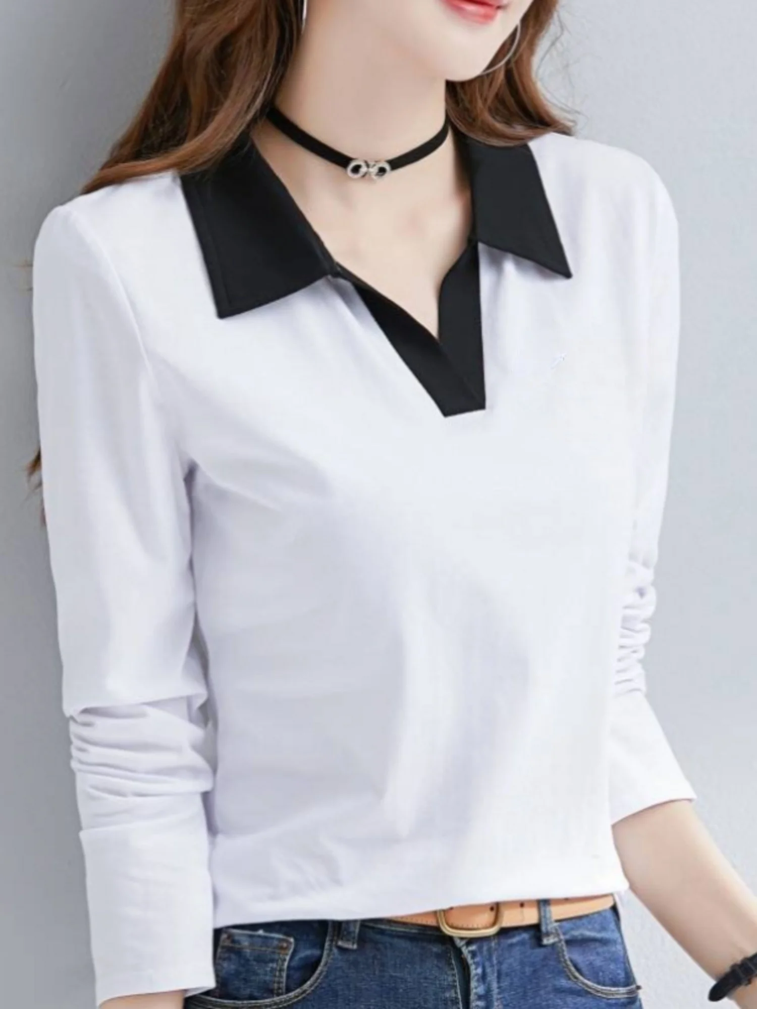 Design a contrasto in tinta unita, POLO a maniche lunghe quotidiano alla moda casual da donna, top lavorato a maglia primaverile e autunnale.