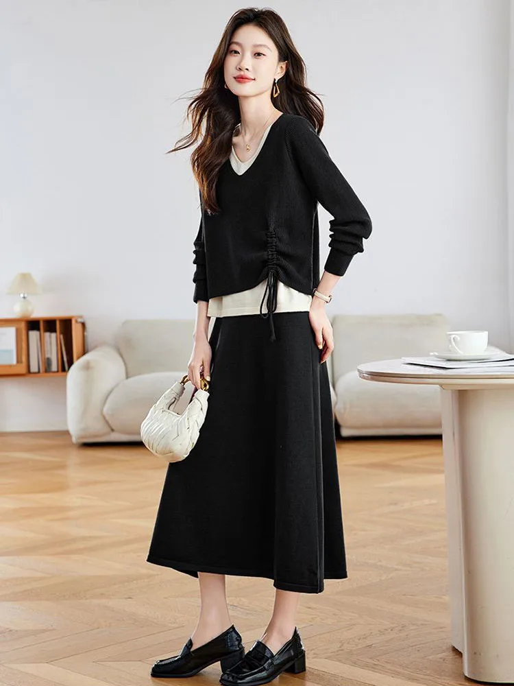 Korean Fashion Knitted 2 Pieces Sets Women Casual Spliced V-neck Sweater Pullover Tops Conjuntos Elastic Waist Skirts Outfit New