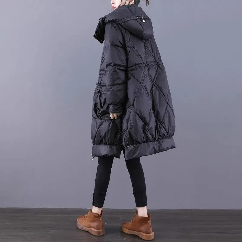 Winter 2023 New Down Jacket Mid-length Women\'s 90 White Duck Down Loose Korean Edition Thickened Waist Slimming Hooded Jacket