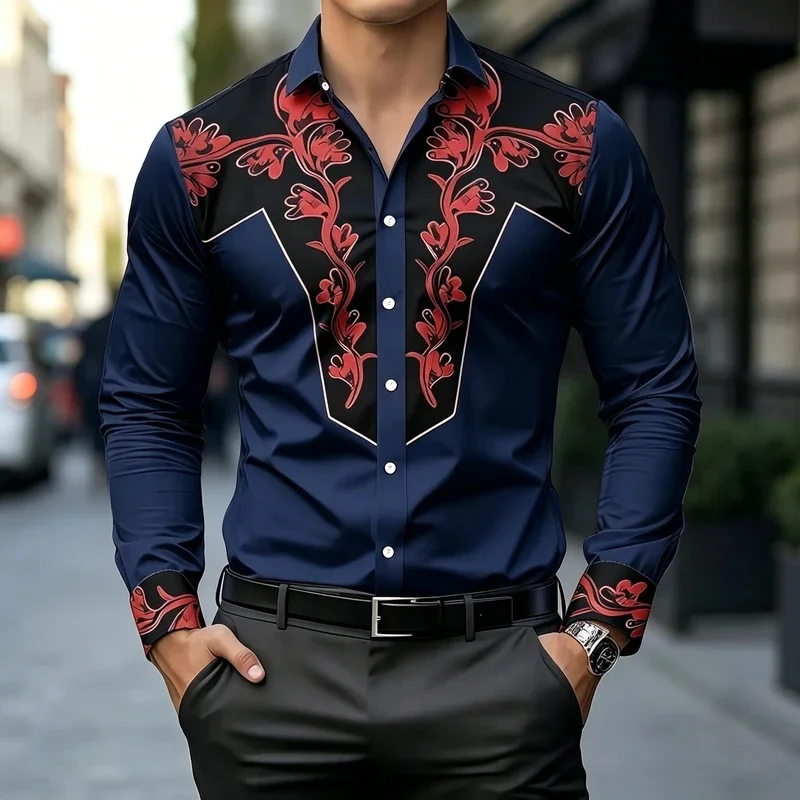 Men's Western-style slim-fit long-sleeved shirt with a printed drape, perfect for nightclub parties and trendy casual wear.