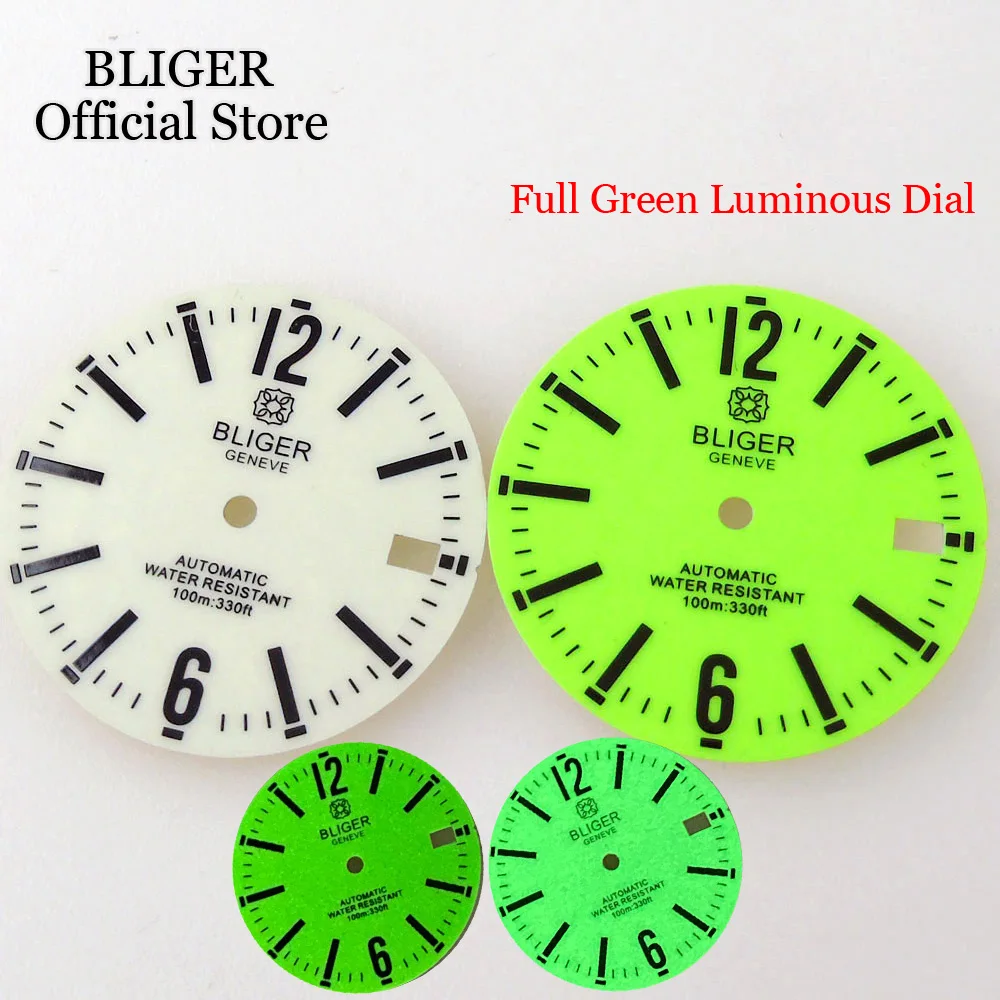 BLIGER New 29mm Watch Dial Fluorescent Green White Full Luminous Fit NH35 NH36 Automatic Movement Watch Parts