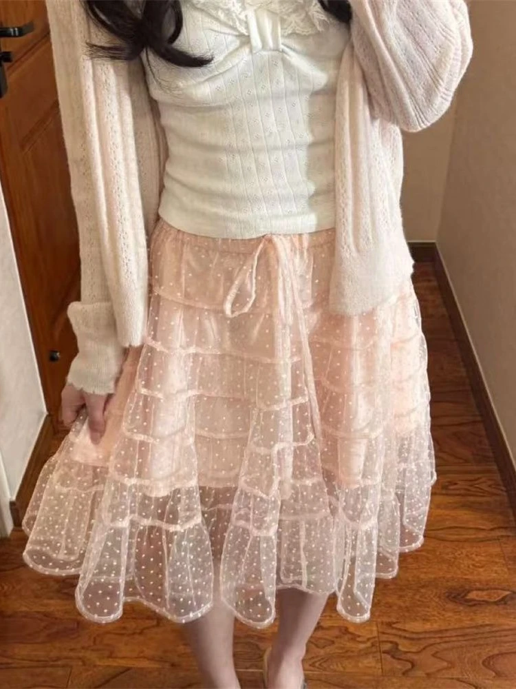 Korean Fashion Slim Fit White Lace Bow Long Ruffle Sleeve Knit Cardigan Cami Top 3 Piece Set Women Kawaii Pink Short Skirt Set