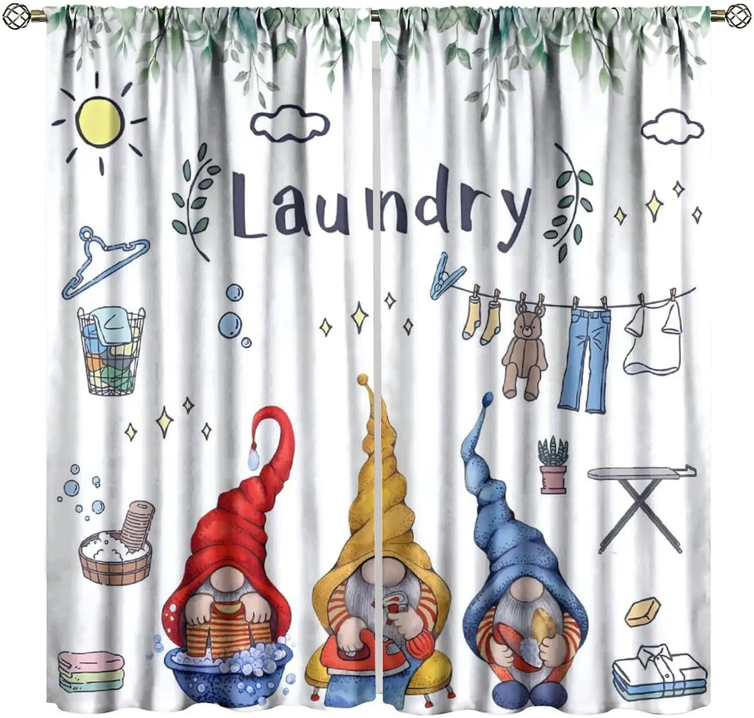 Laundry Dwarf Window Curtain Off White Three Color Gnomes Washing Ironing Clothespin Rod Pocket Panels Farm Laundry Space Decor